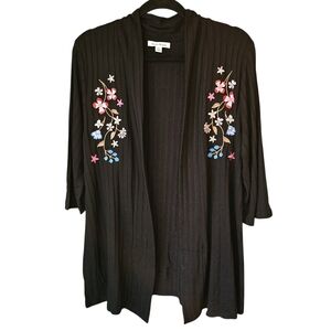Studio Works Black Knit Cardigan Sweater Colorful Embroidered Flowers – XL